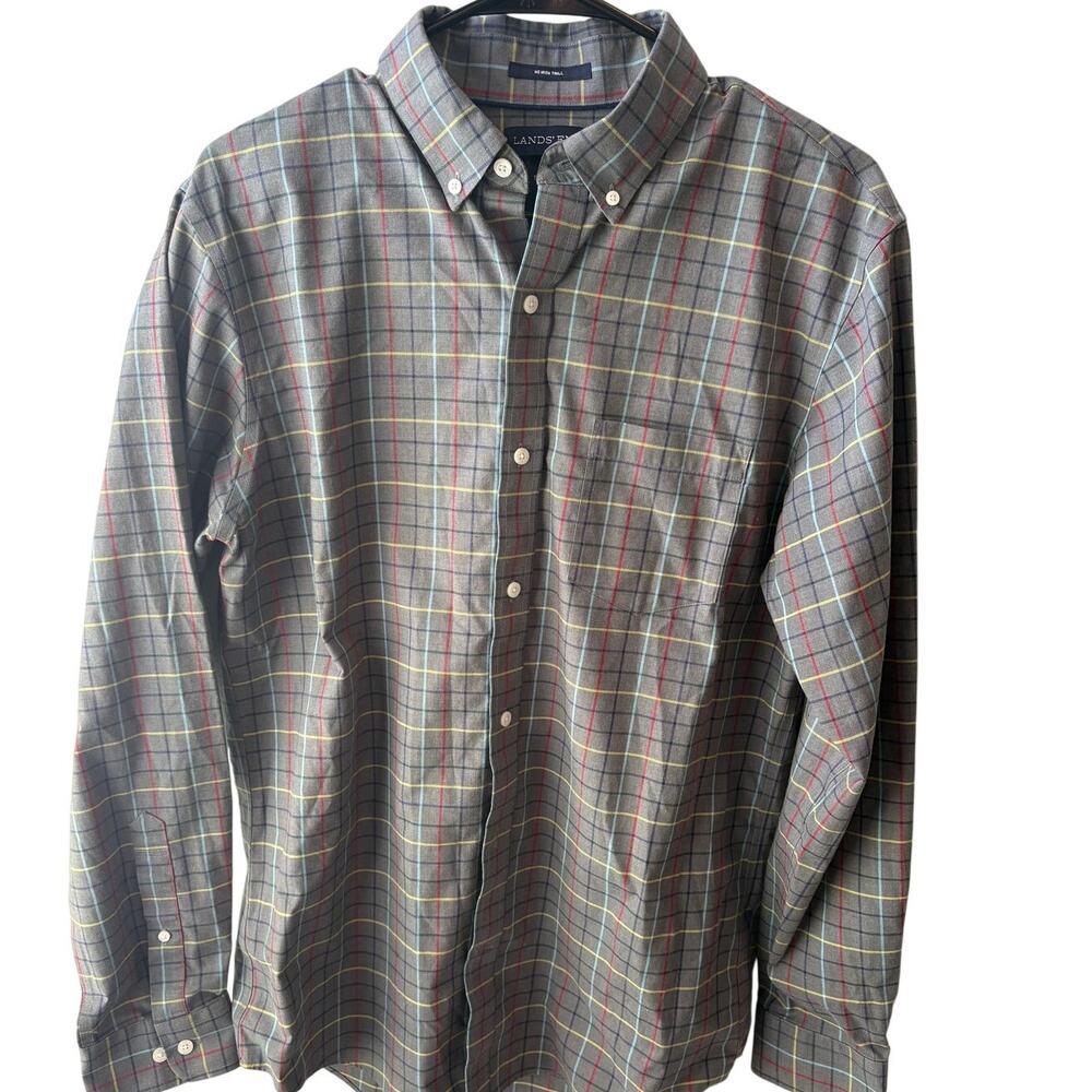 Mens Land's End long sleeve button up plaid no iron twill Medium 15-15 1/2